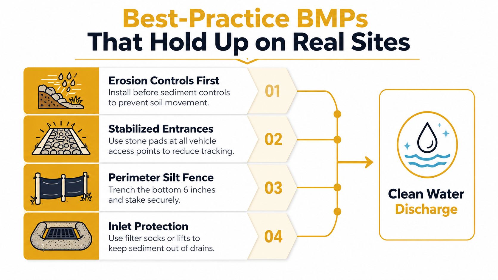An infographic showing four best-practice BMPs for site management to ensure clean water discharge.