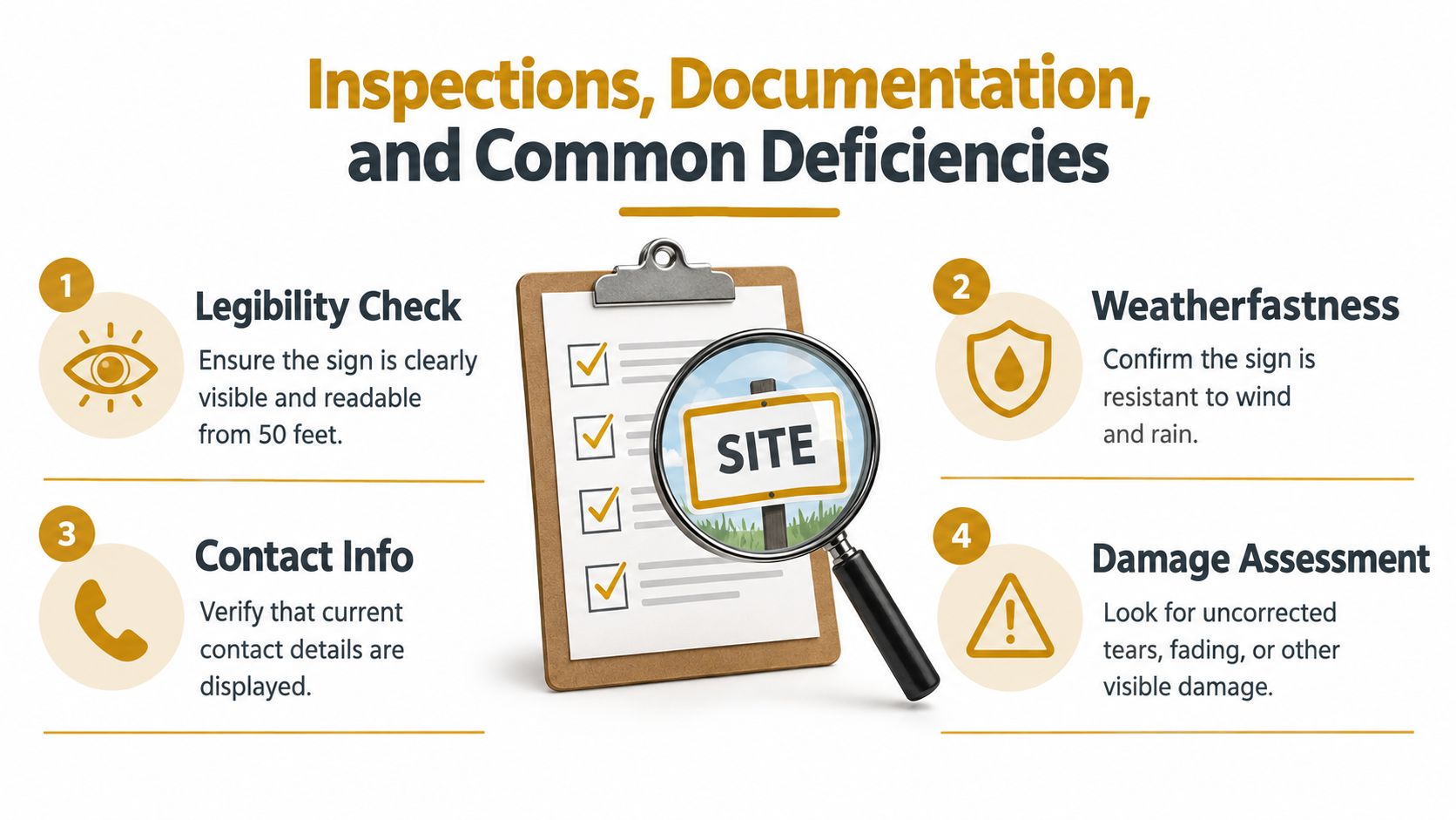 A checklist infographic illustrating four key inspection criteria for construction site signs including legibility, weatherproofing, contact info, and damage.