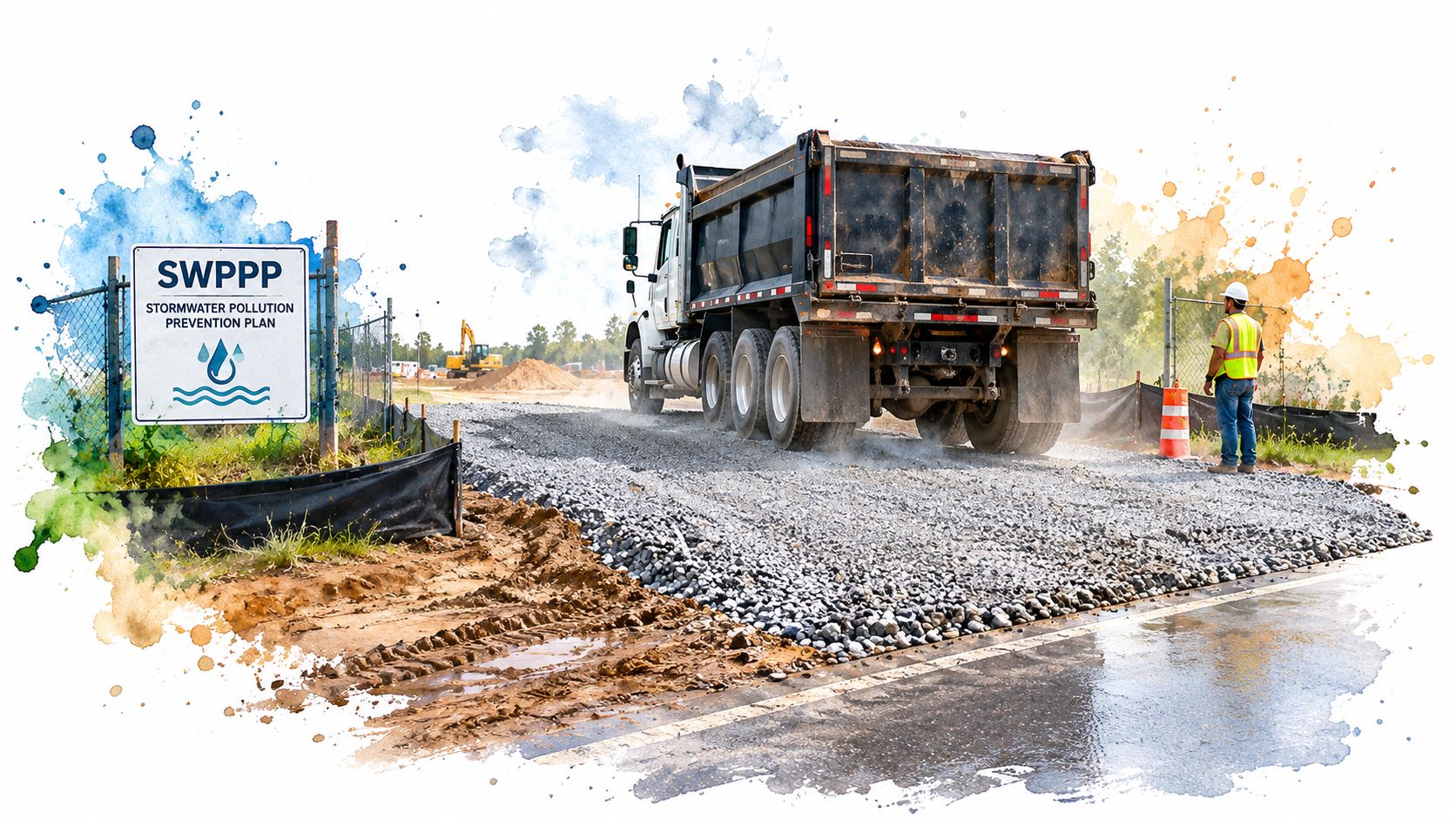 A construction worker watches a dump truck leave a muddy site through a stabilized gravel tracking pad.