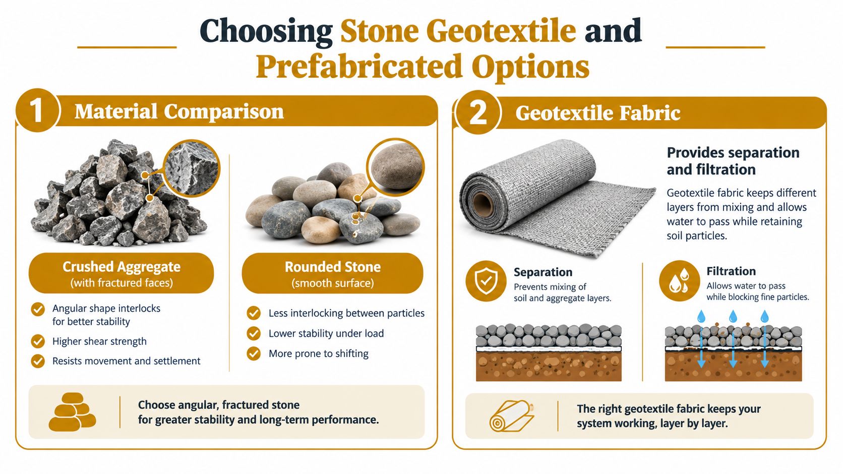An infographic showing the benefits of using crushed aggregate versus rounded stone and geotextile fabric for construction.