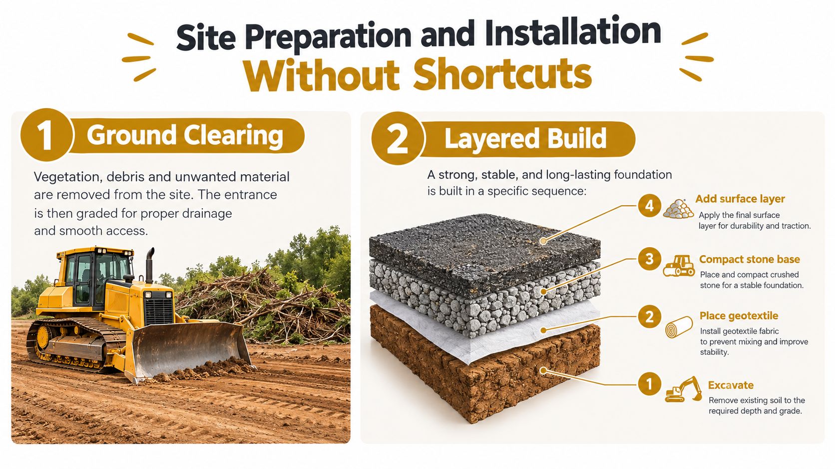 An infographic detailing site preparation and the layered construction process for a stable driveway foundation.