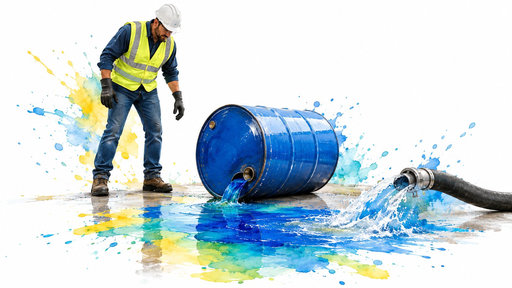 A construction worker observing a blue industrial barrel leaking liquid on a white background with colorful splashes.