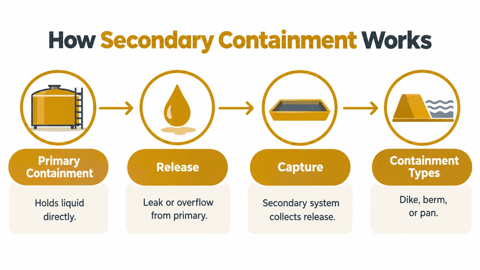 A flow chart illustrating how secondary containment systems catch leaks from a primary liquid storage tank.