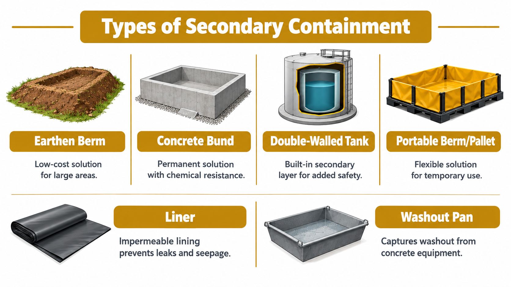 A visual guide showing six different types of secondary containment solutions for industrial liquid storage safety.