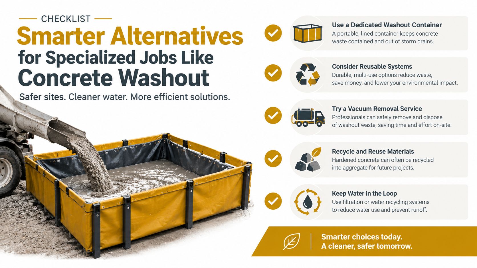 A concrete truck pouring wash water into a durable, portable, lined washout container on a construction site.