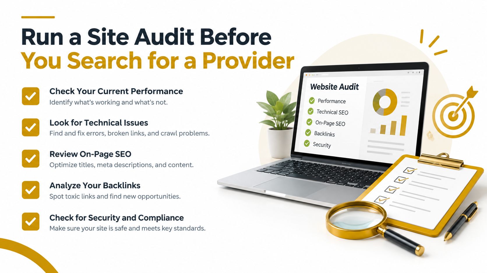 A professional graphic illustrating the essential steps for performing a comprehensive SEO website audit before hiring help.