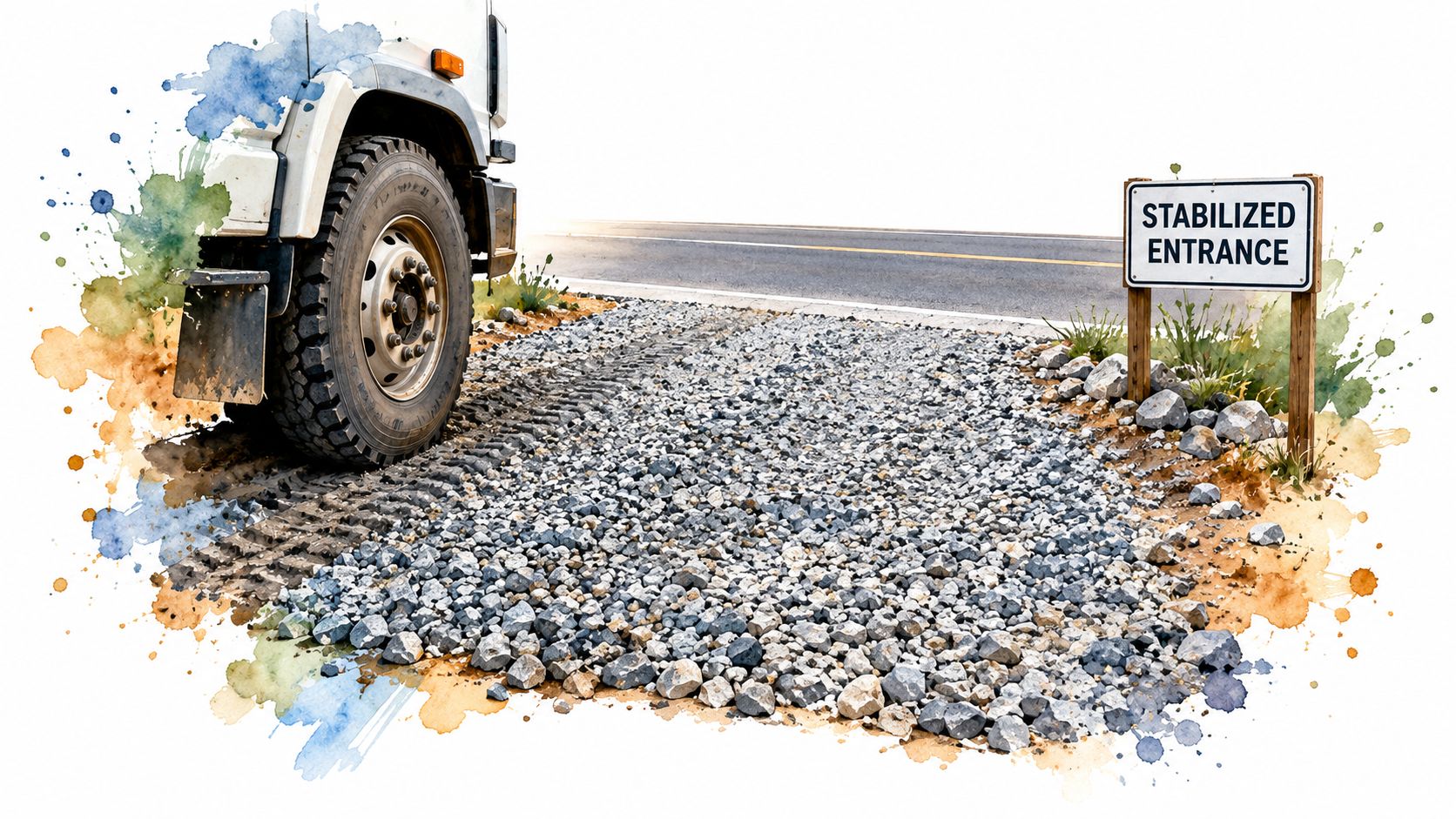 A construction truck driving over a stabilized gravel entrance designed for stormwater pollution prevention and sediment control.