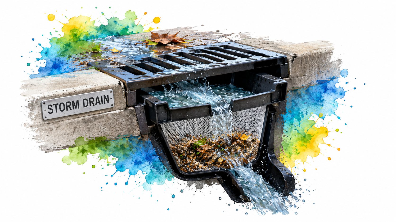 A cross-section illustration showing water and debris flowing into a storm drain with a catch basin filter.