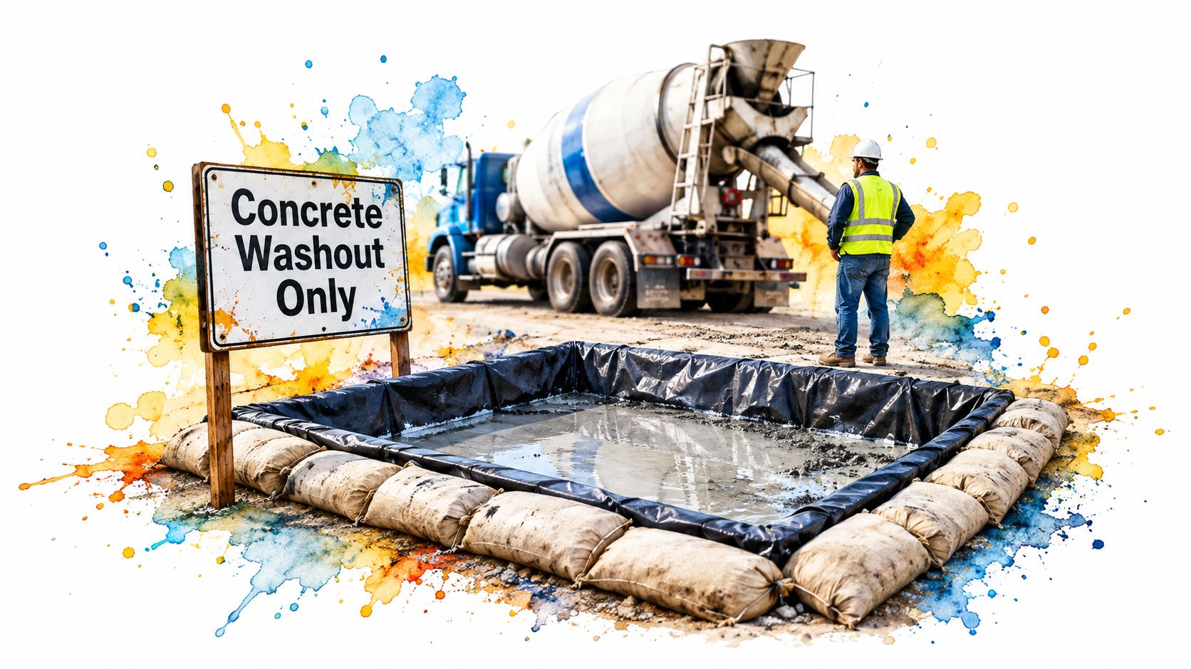 A construction worker supervises a concrete washout pit lined with plastic and sandbags near a mixer truck.