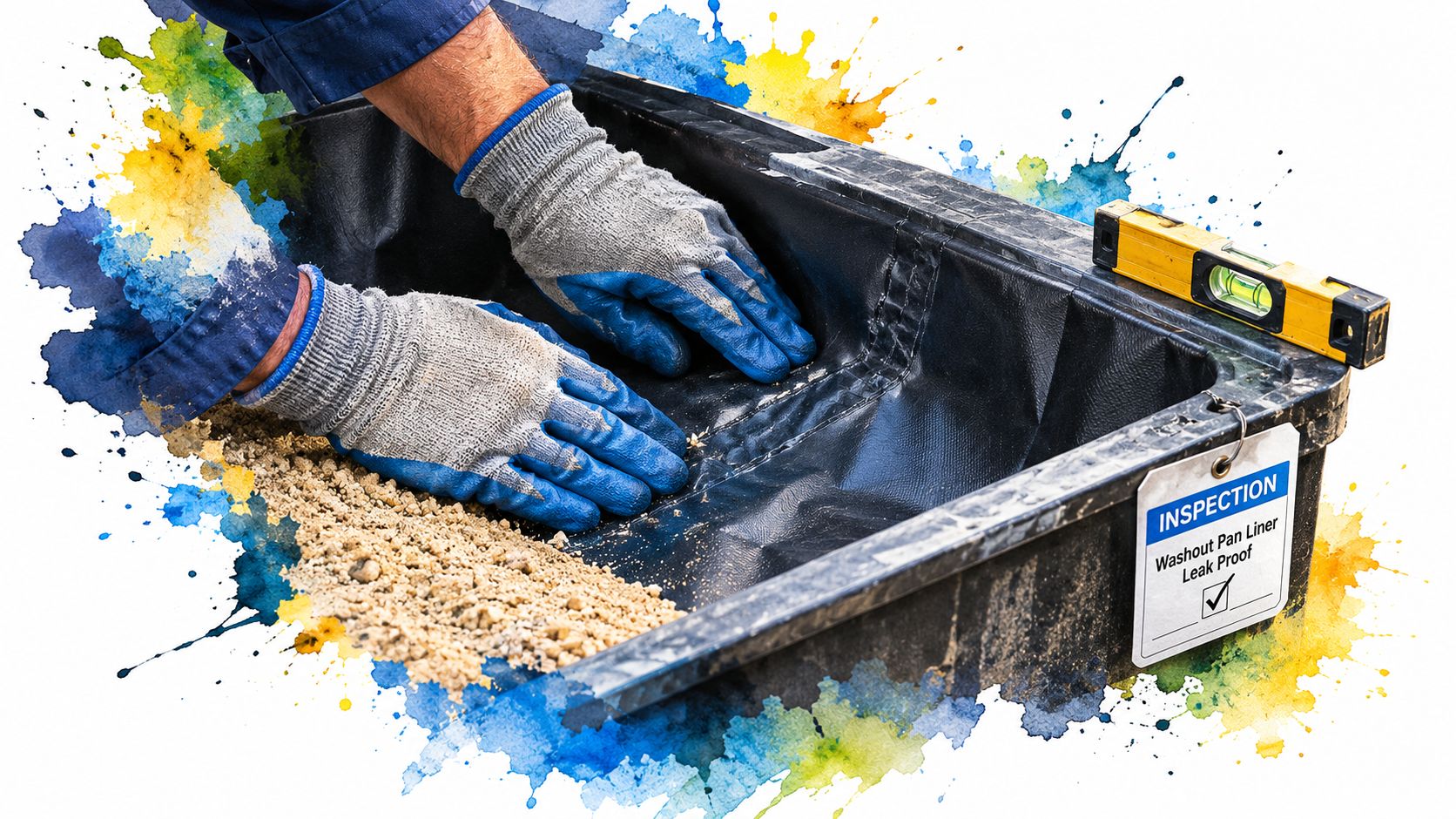A worker installs a leak-proof liner in a washout pan for professional environmental cleaning and containment.