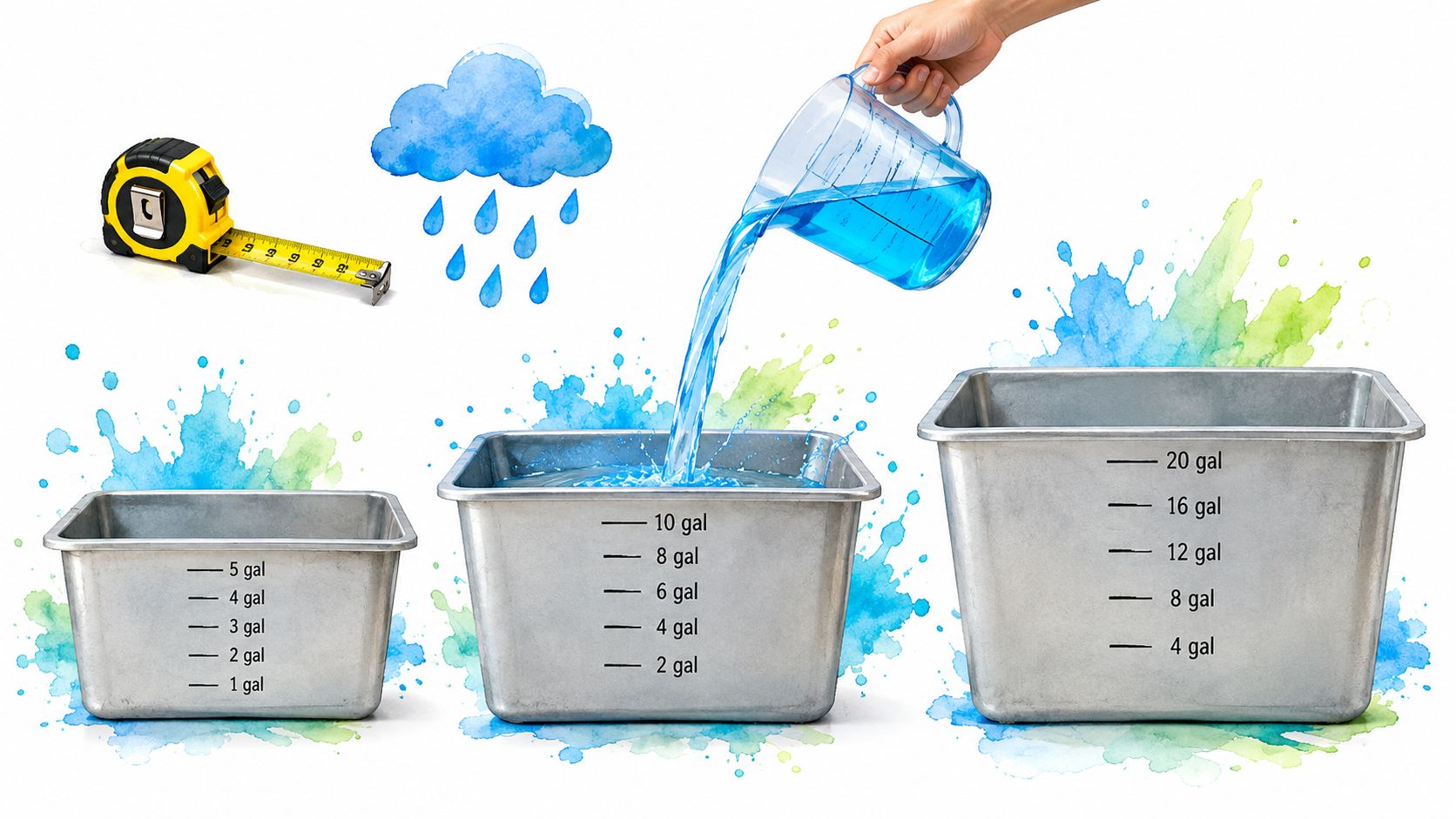 A hand pouring blue water into stainless steel containers with measurement markings beside a tape measure.