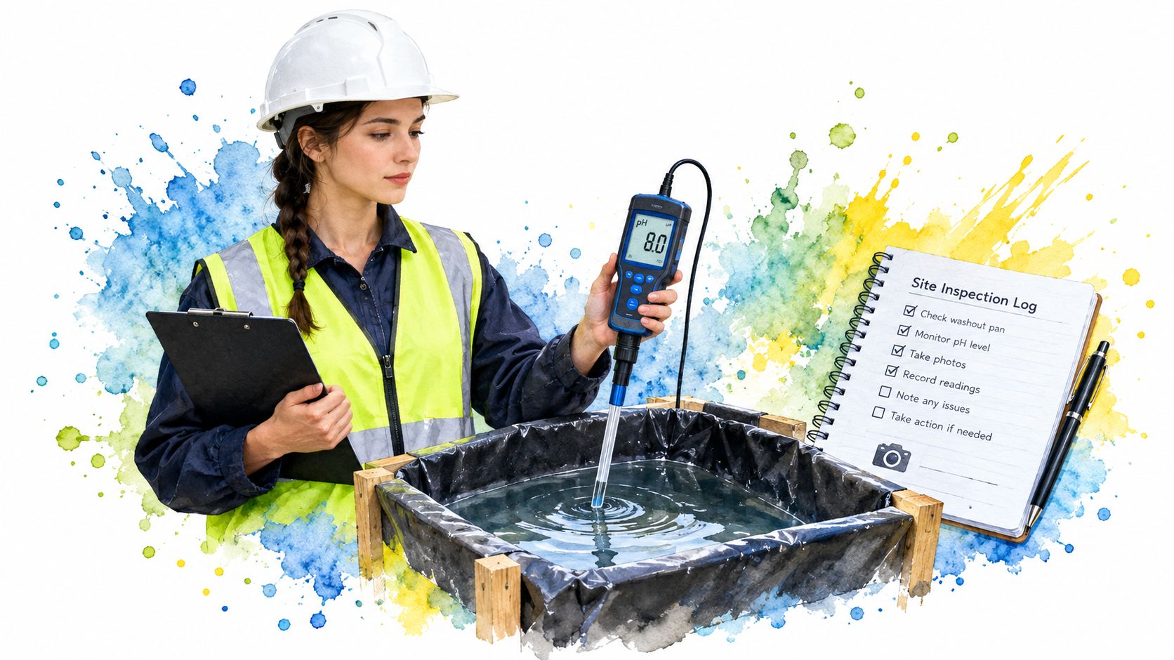 A female environmental inspector in a hard hat and vest checking pH levels in a water basin.