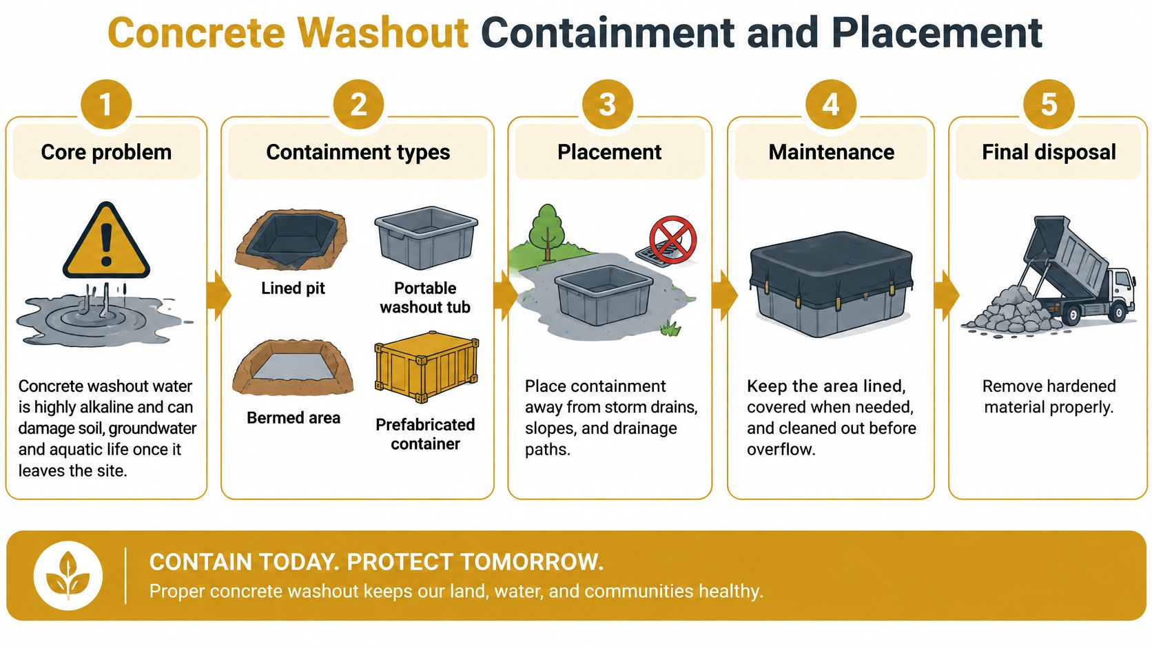 An infographic detailing five steps for proper concrete washout containment, maintenance, and safe disposal practices.