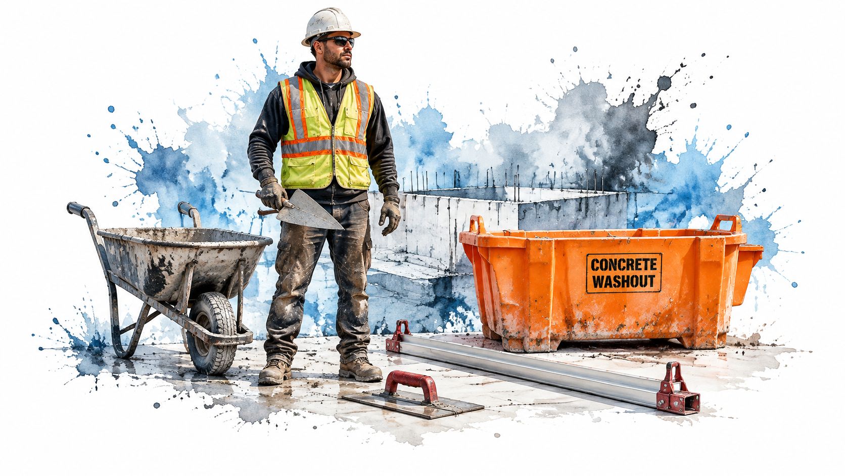 A professional construction worker standing next to concrete washout equipment and tools on a work site.