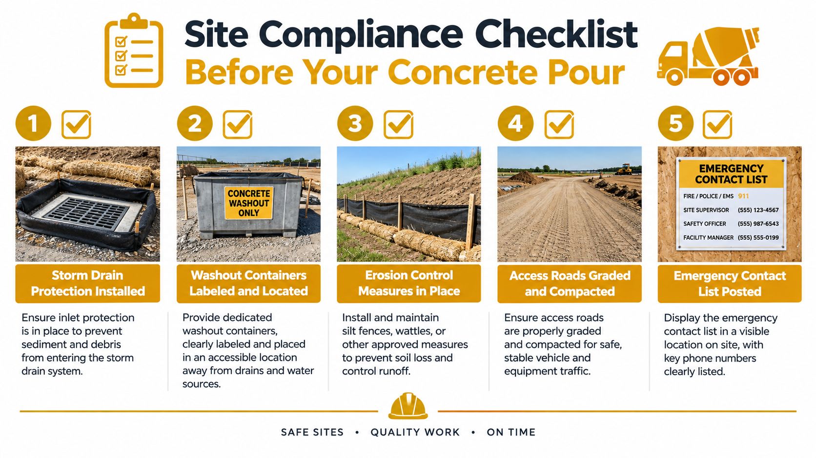 A five-step site compliance checklist for preparing a construction site before starting a concrete pour operation.