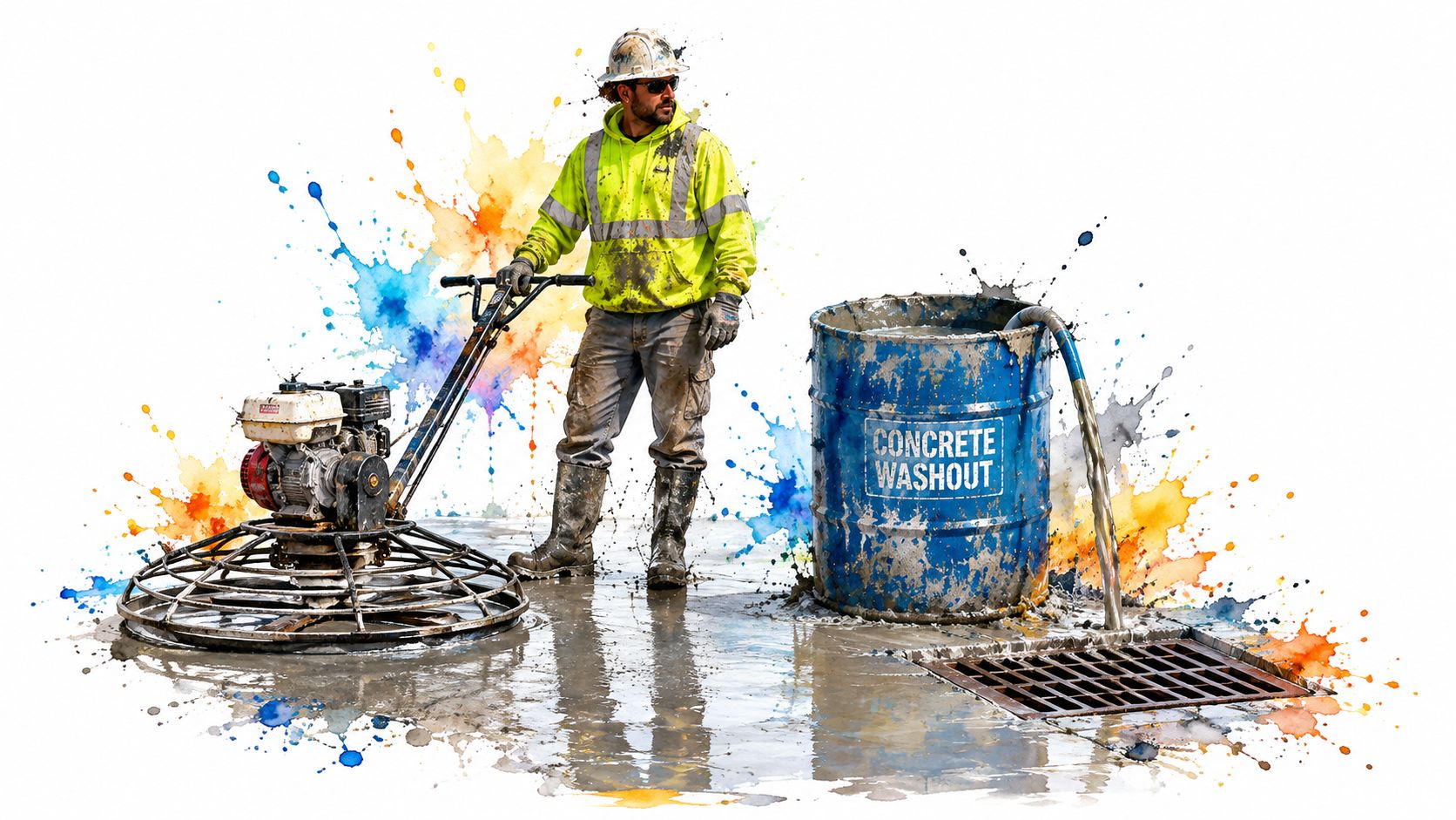 A construction worker operates a power trowel near a blue concrete washout drum next to a drain.
