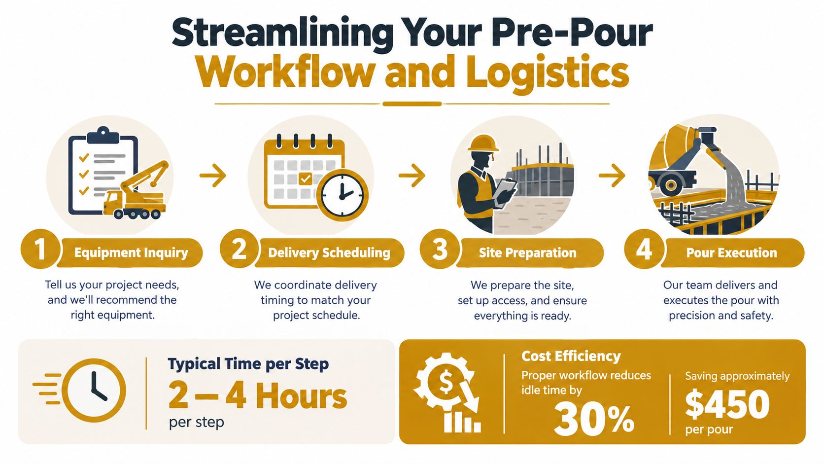 A four-step infographic illustrating the workflow and logistics for concrete equipment rental, showing phases from inquiry to pour.
