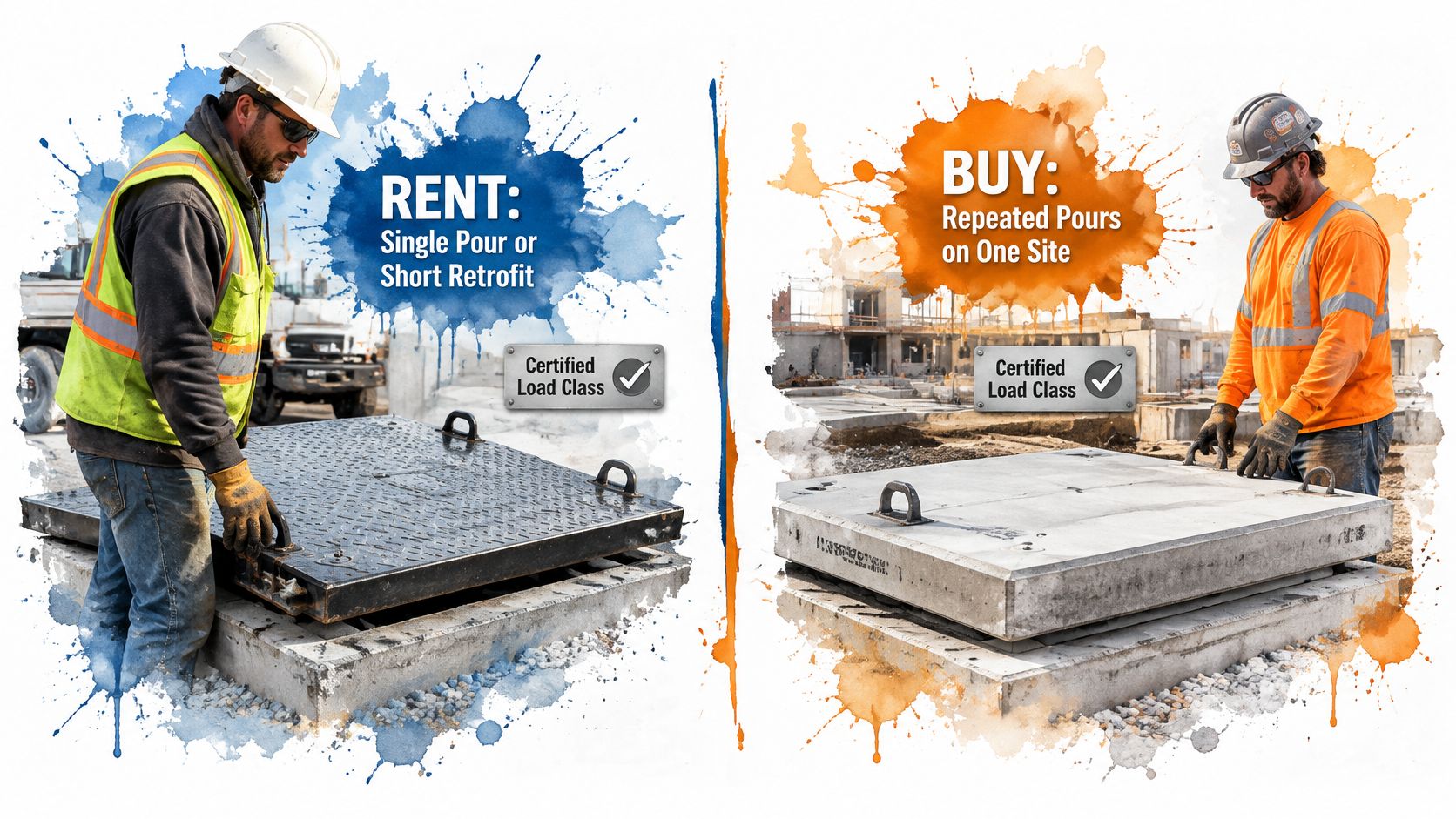 Construction workers demonstrating the choice between renting metal and buying concrete pit lids for construction sites.