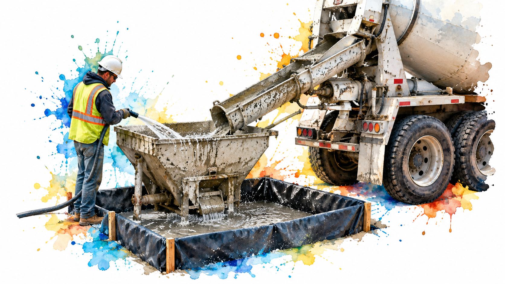 A construction worker washes out a concrete hopper into a containment basin using a hose from a mixer truck.