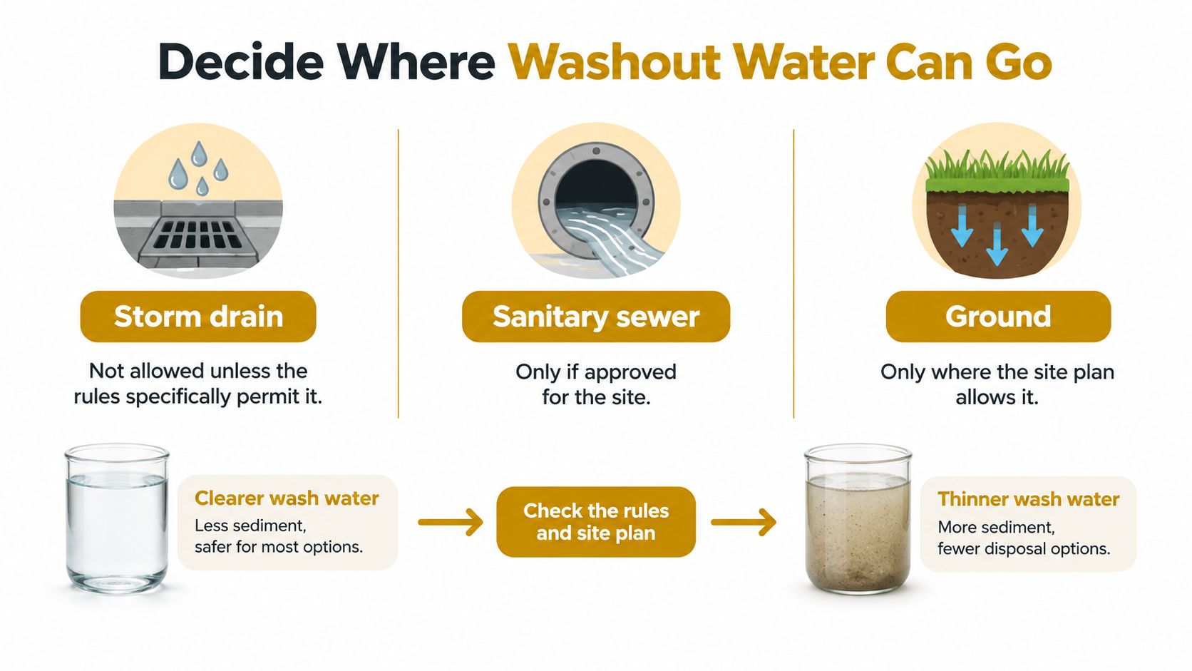 An infographic illustrating three proper disposal methods for washout water: storm drains, sanitary sewers, and the ground.