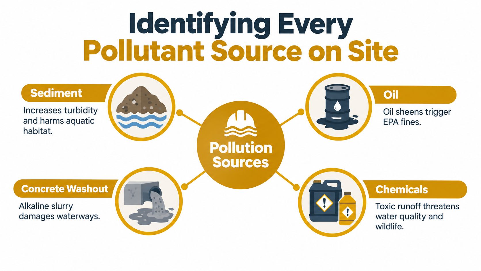 A diagram illustrating common construction site pollution sources including sediment, oil, concrete washout, and hazardous chemicals.