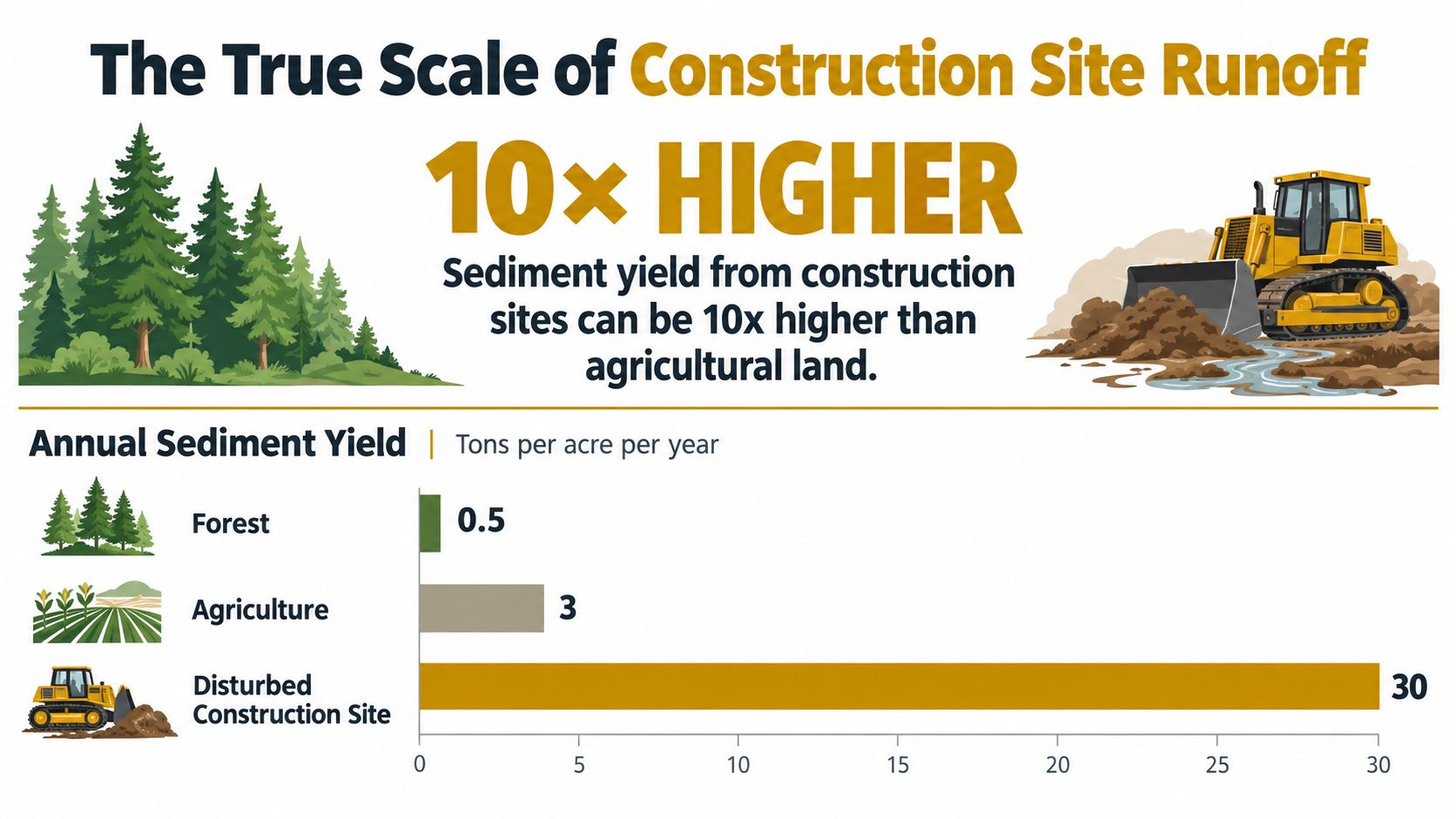 A chart comparing annual sediment yield in tons per acre for forest, agriculture, and construction sites.