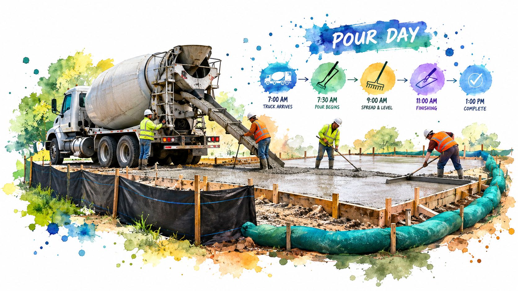 A construction crew pouring and finishing concrete for a project during a scheduled construction day timeline.