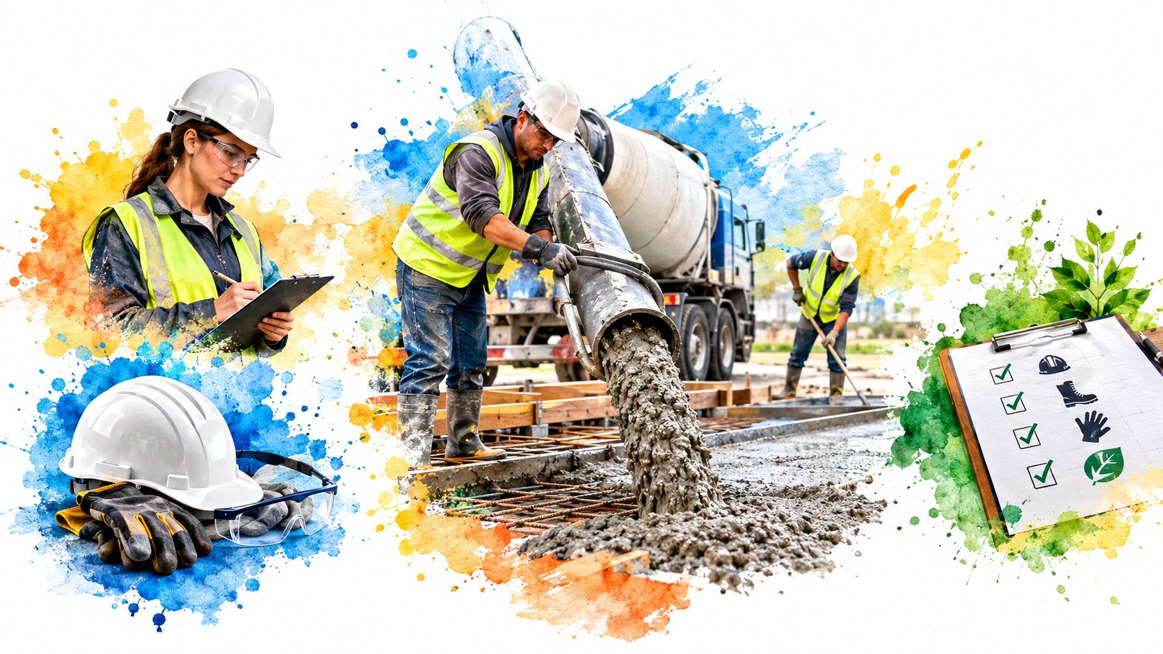 Construction workers performing concrete pouring while a safety inspector reviews site compliance using a checklist clipboard.