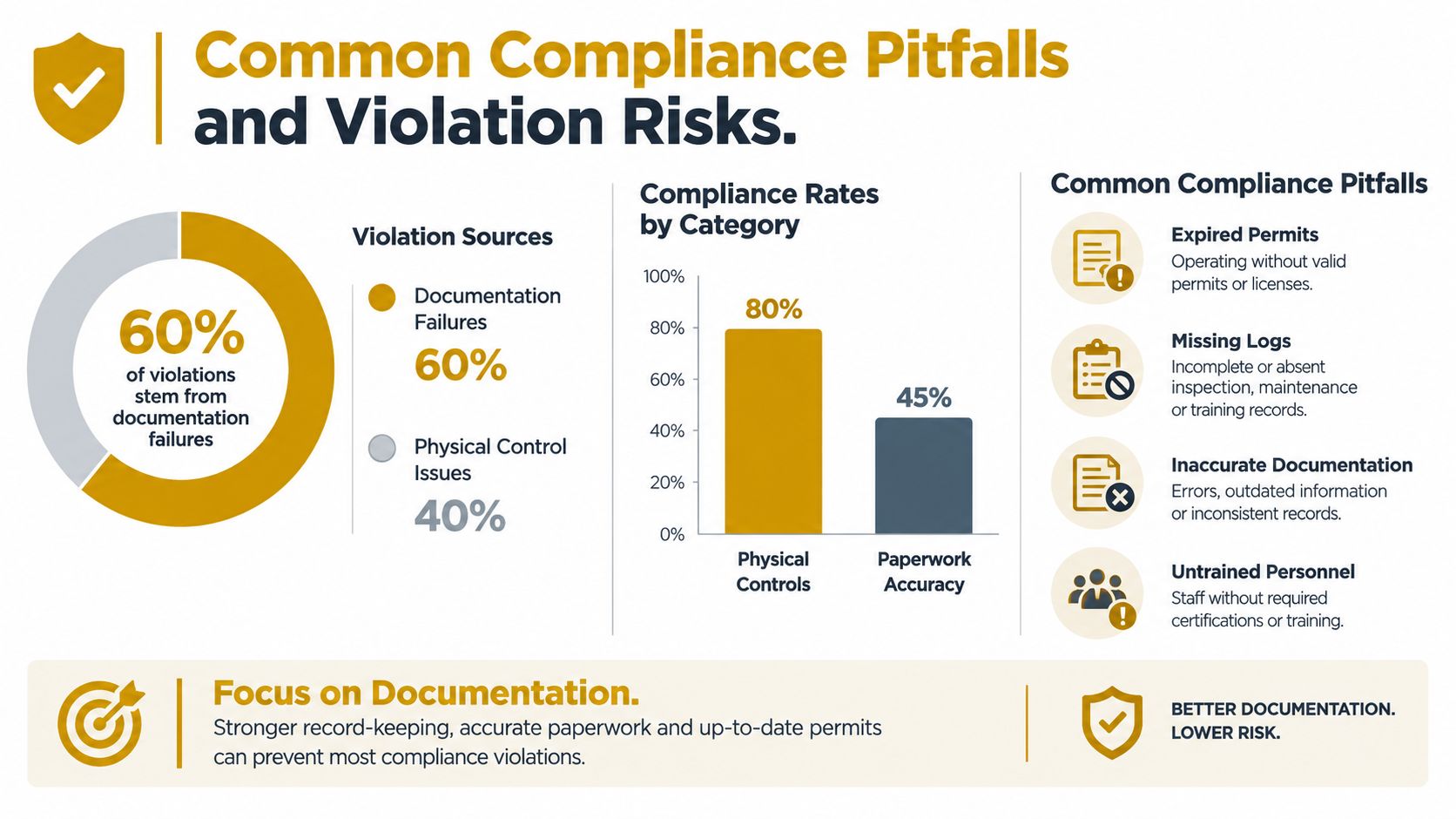 An infographic showing common compliance pitfalls and violation risks with documentation failures being the primary cause.