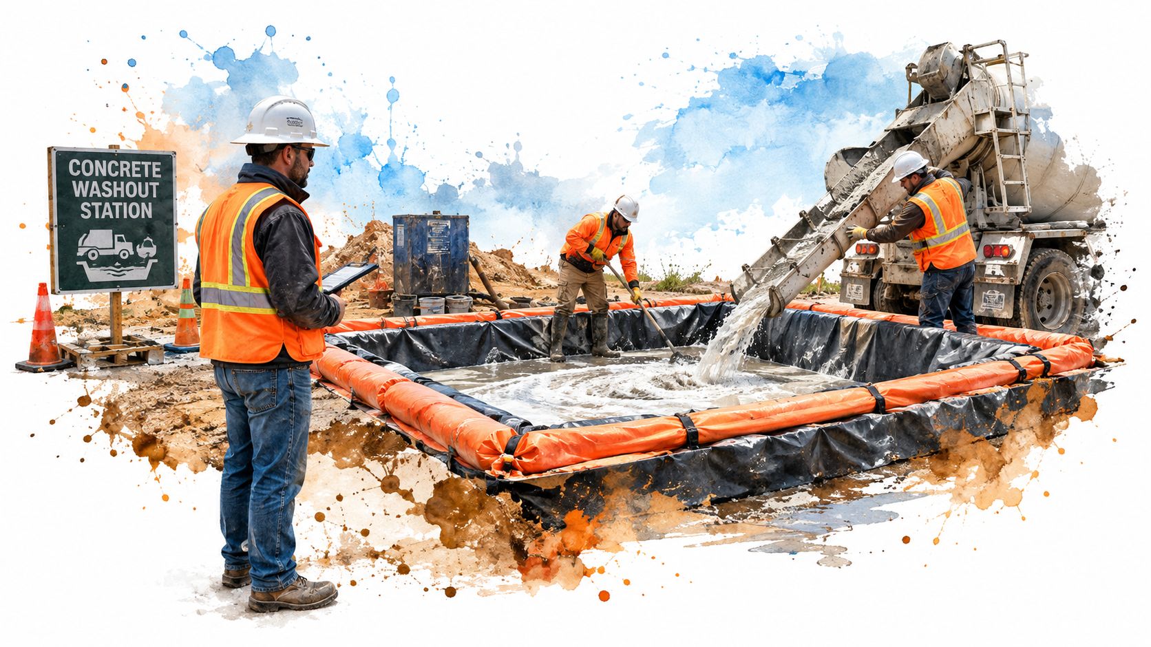 Construction workers manage a concrete washout station to ensure compliance with stormwater pollution prevention regulations.