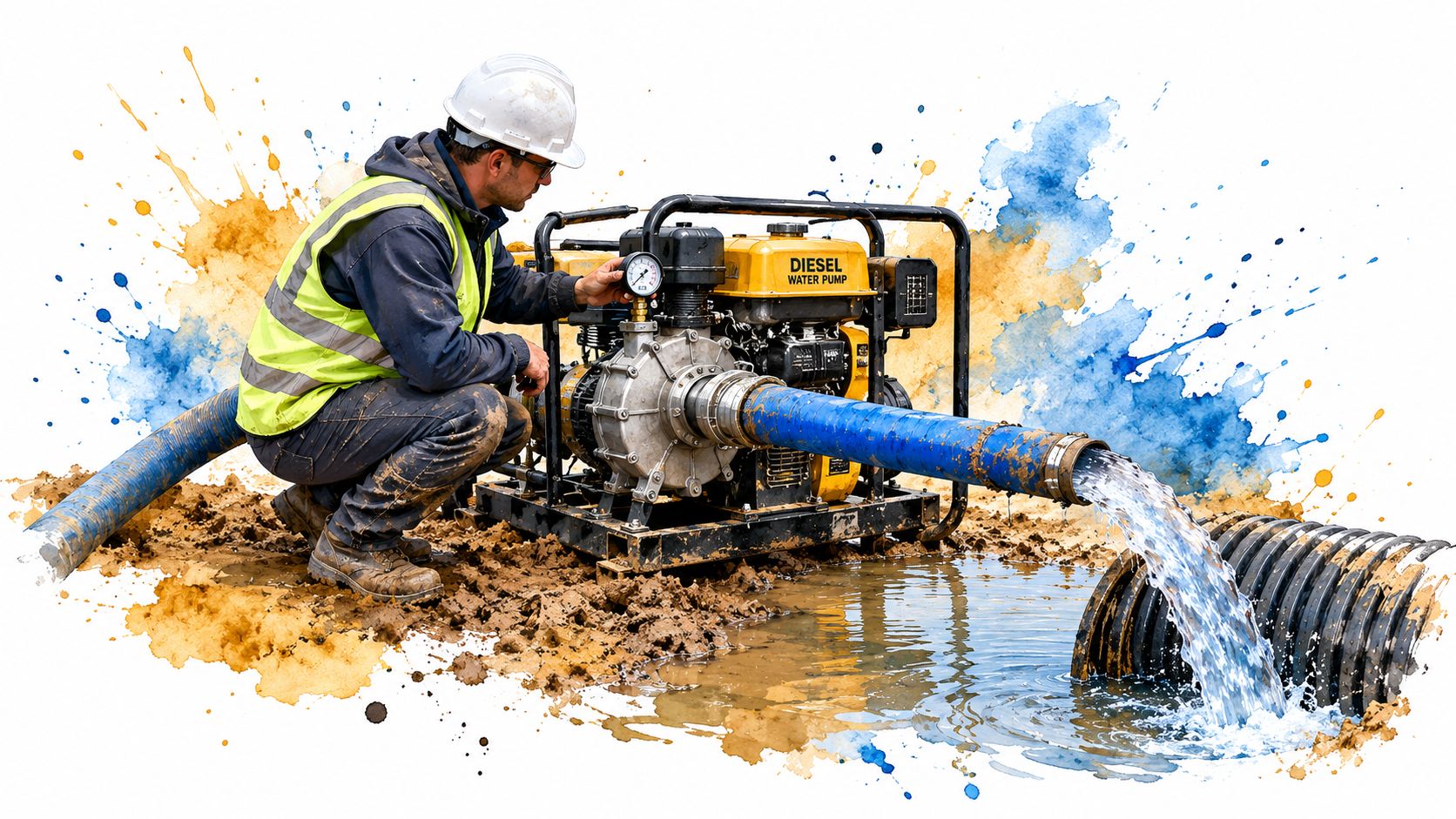 A construction worker in a hard hat and high-visibility vest operating a diesel water pump outdoors.