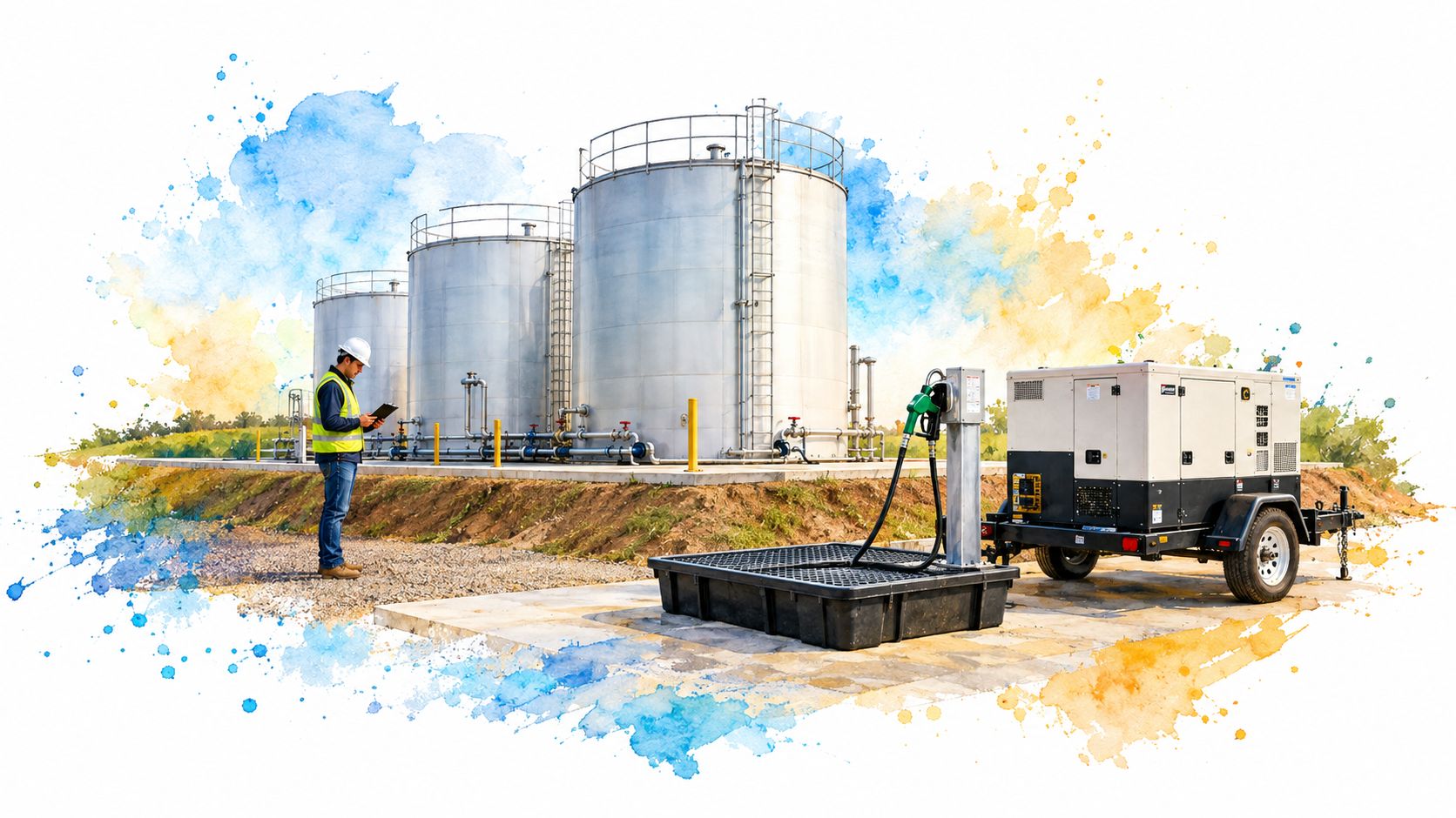 A professional inspector checking fuel storage tanks at an industrial site with secondary containment systems installed.