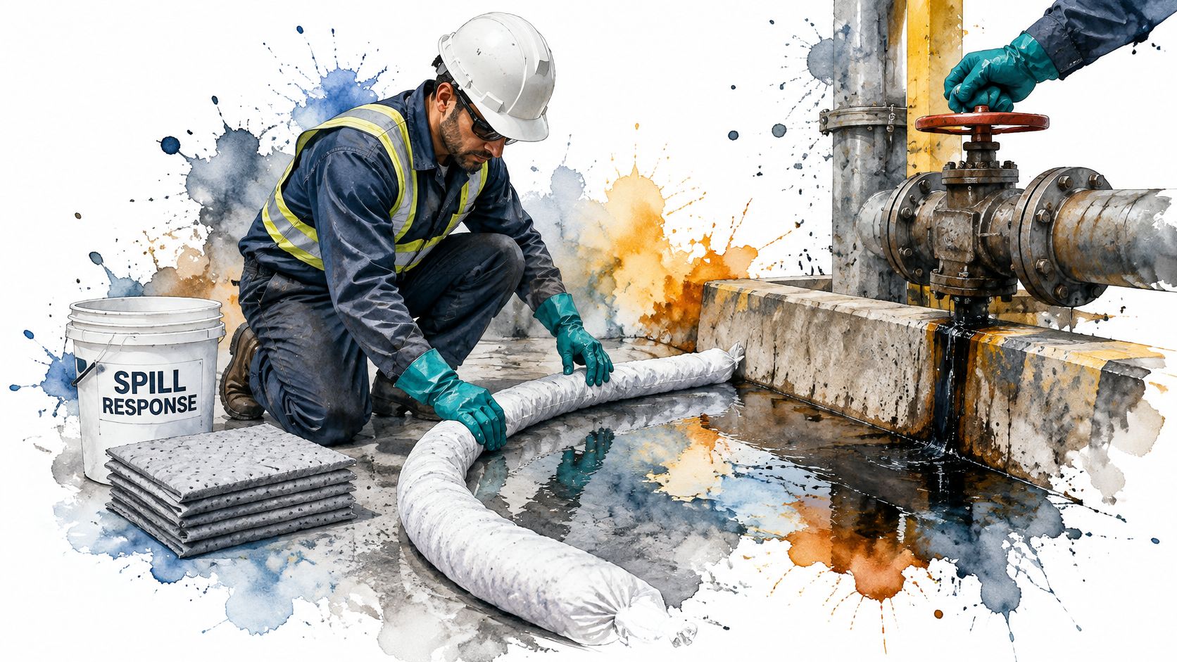 A worker wearing safety gear places a containment boom around a leaking industrial pipe spill.