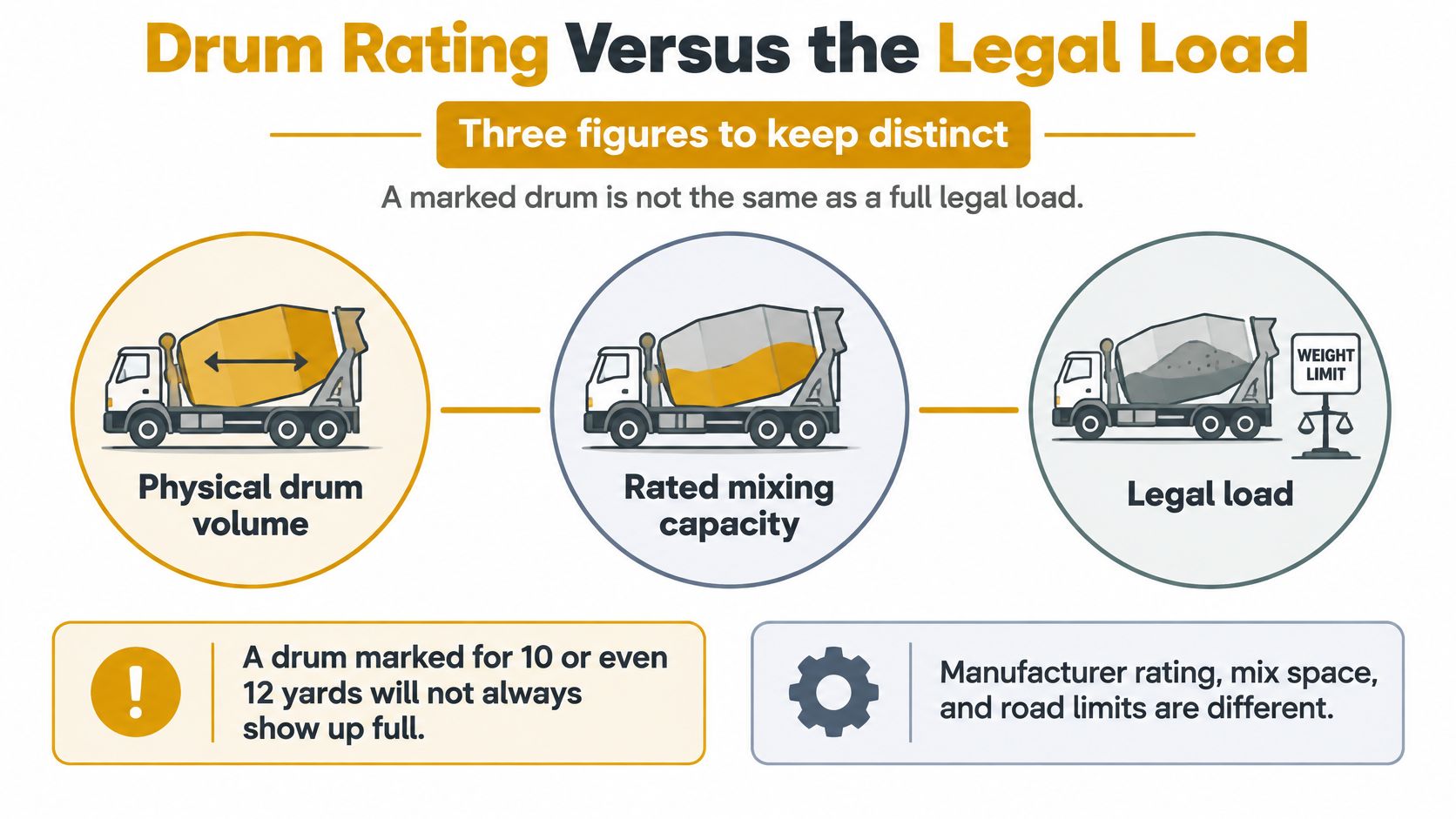 An infographic illustrating the difference between a concrete truck's physical volume, rated mixing capacity, and legal load.