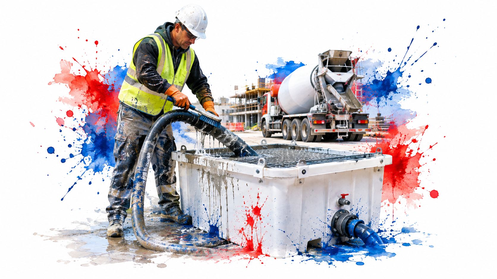A construction worker cleans a hose at a paint washout station on a busy job site.