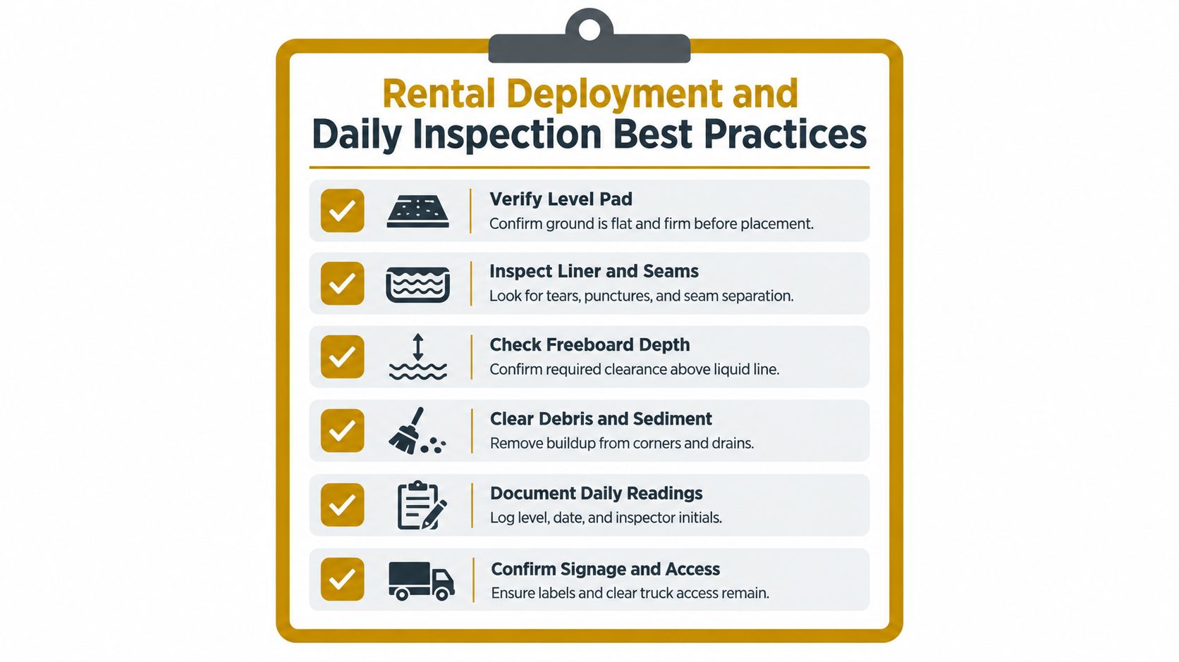 A checklist on a clipboard showing best practices for the deployment and inspection of a portable containment unit.