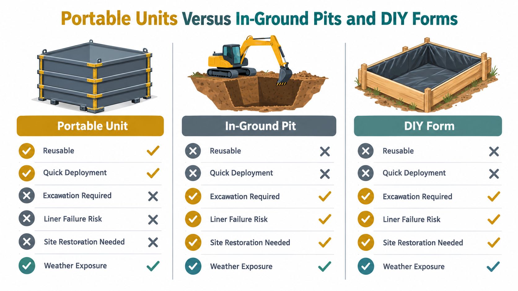 A comparison chart showing benefits and drawbacks of portable containment units versus in-ground pits and DIY forms.