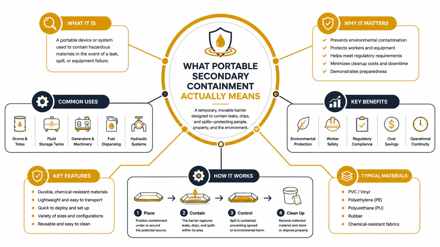 An infographic explaining portable secondary containment systems, their benefits, common uses, and how they function during spills.