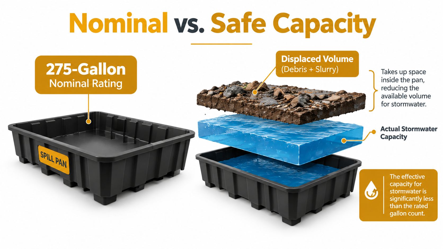 A diagram comparing nominal spill pan capacity versus the actual safe capacity after debris displacement.