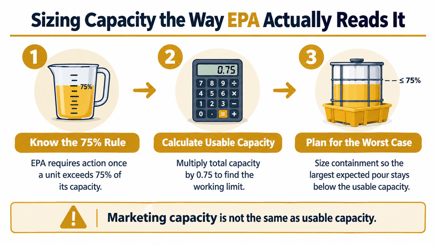 An infographic showing the EPA 75% rule for calculating usable capacity in spill containment systems.