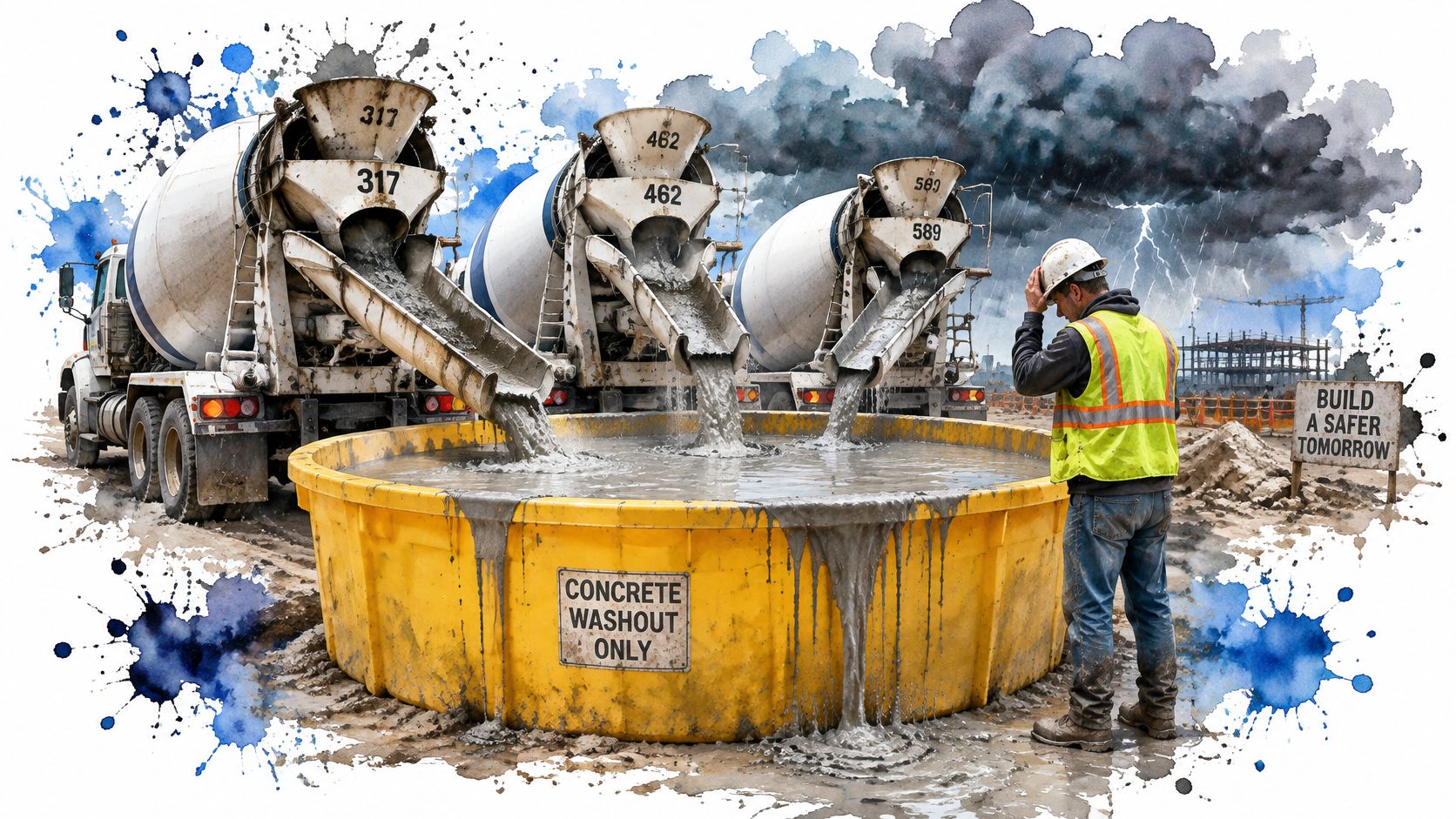 Three cement trucks pouring concrete waste into a large yellow portable spill containment basin on a site.