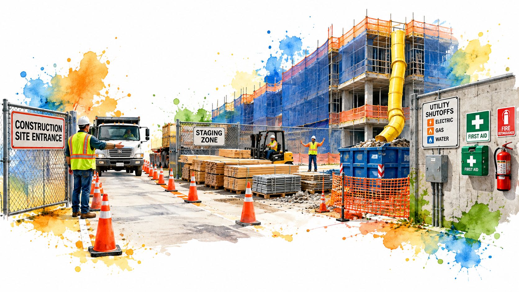 A construction site entrance with workers, a truck, and materials, featuring colorful watercolor style design elements.