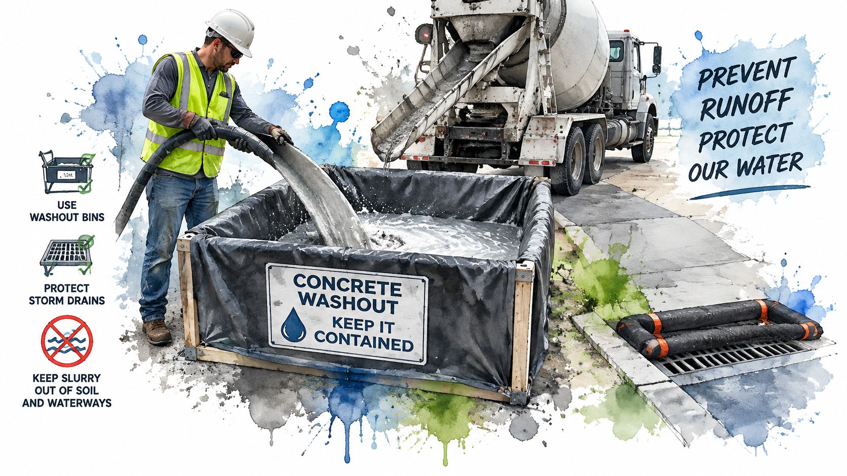 A construction worker disposing of concrete washout into a contained bin to prevent runoff and pollution.