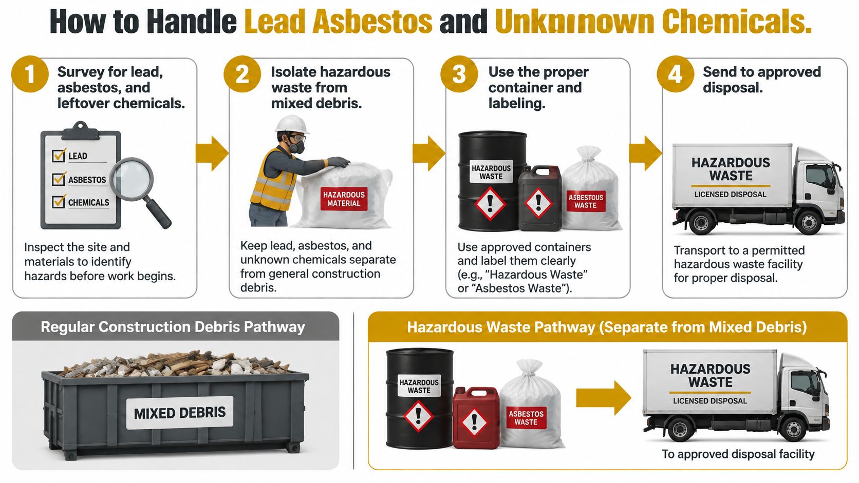 An infographic showing the four-step process for safely handling and disposing of lead, asbestos, and hazardous waste.