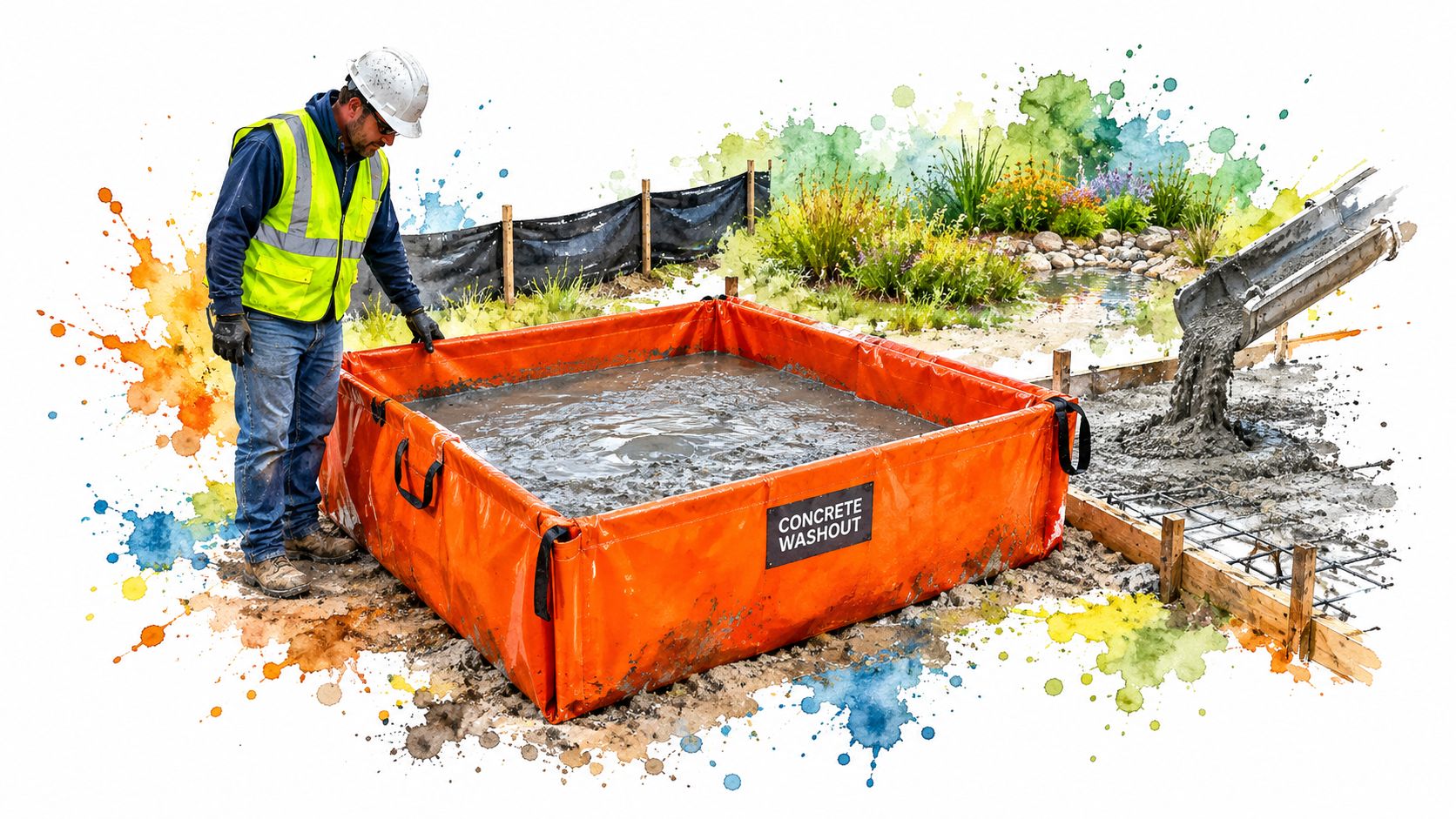 A construction worker monitoring a portable orange concrete washout container on a job site with wet cement.