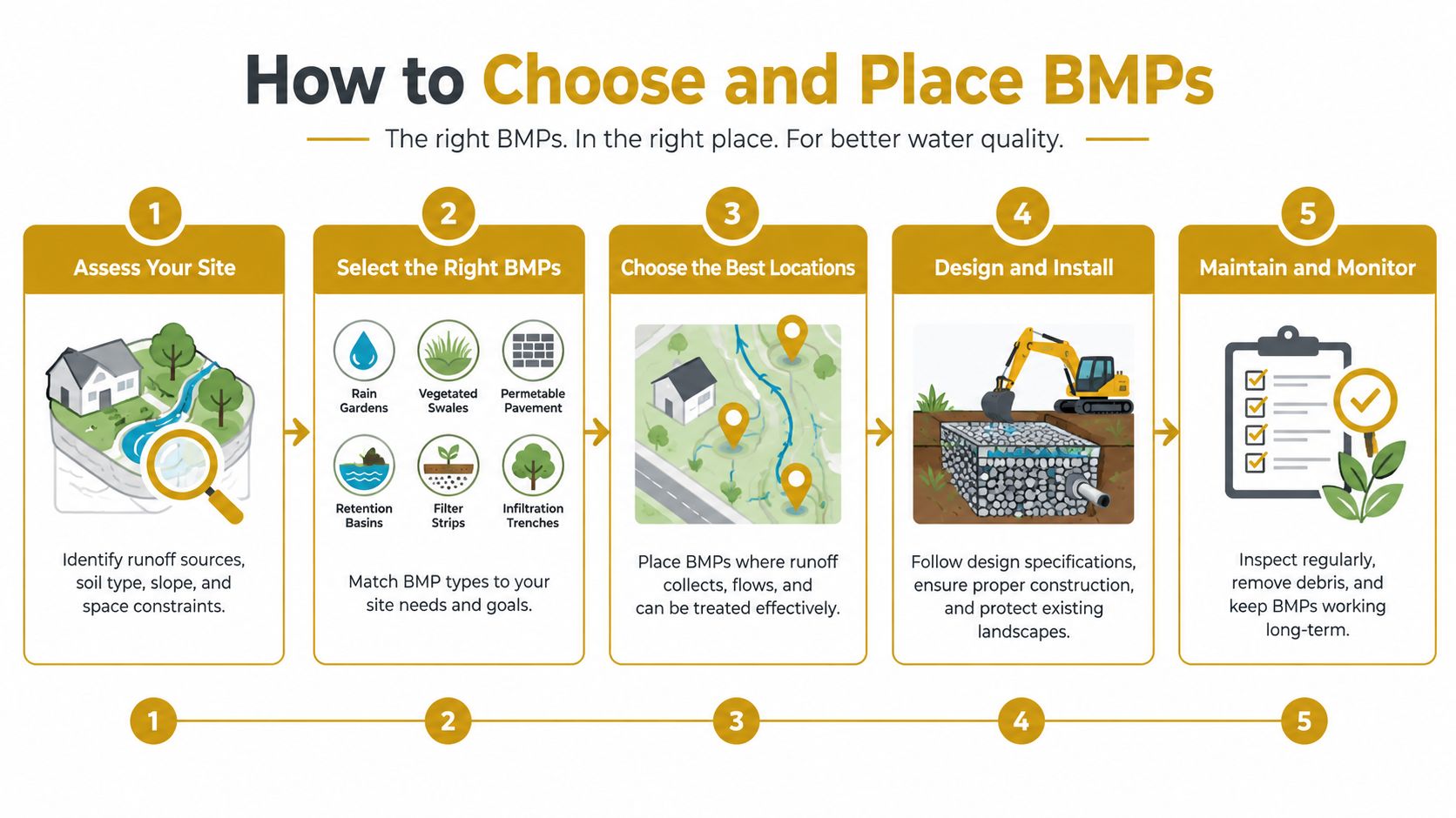 A five-step infographic showing how to effectively choose, place, design, and maintain stormwater Best Management Practices (BMPs).