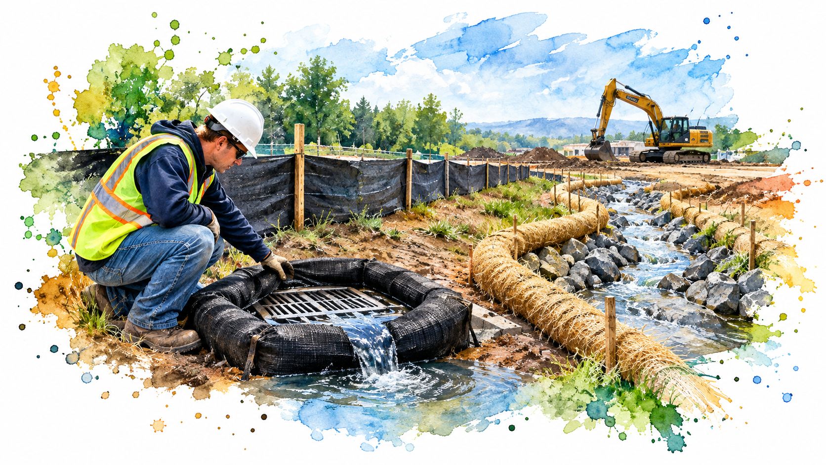 A construction worker inspecting a storm drain inlet protection system at a site with an excavator.