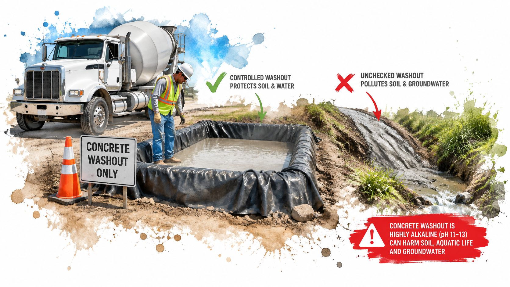 A construction site showing a proper concrete washout basin compared to uncontrolled dumping polluting the environment.
