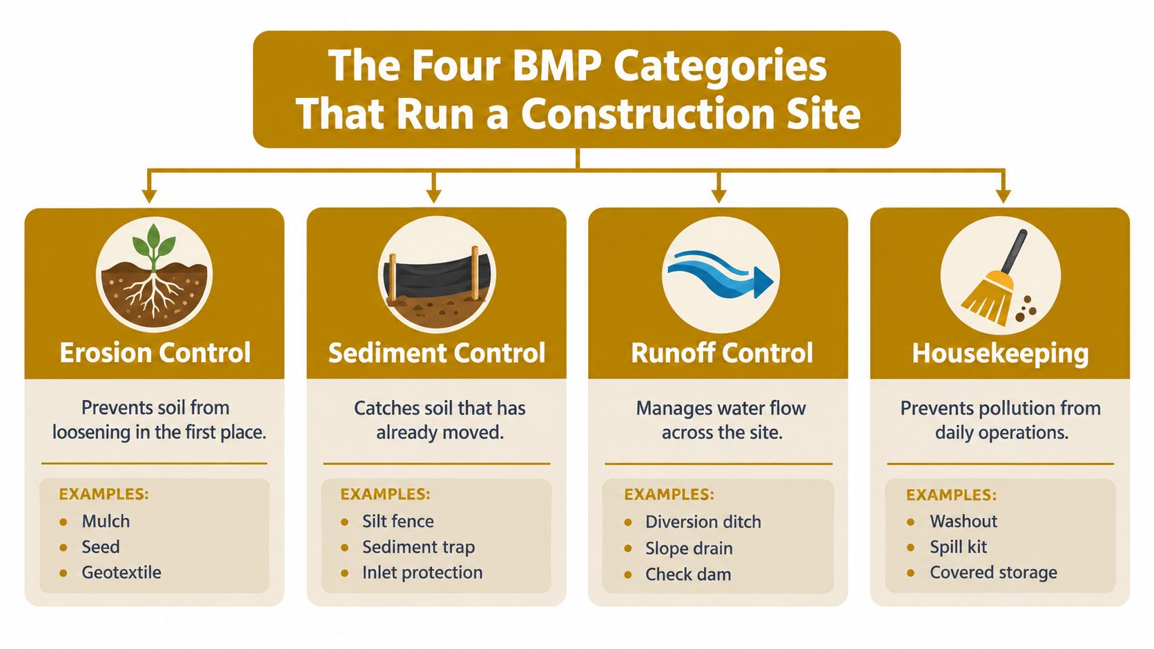 An infographic showing the four categories of best management practices for construction sites: erosion, sediment, runoff, and housekeeping.