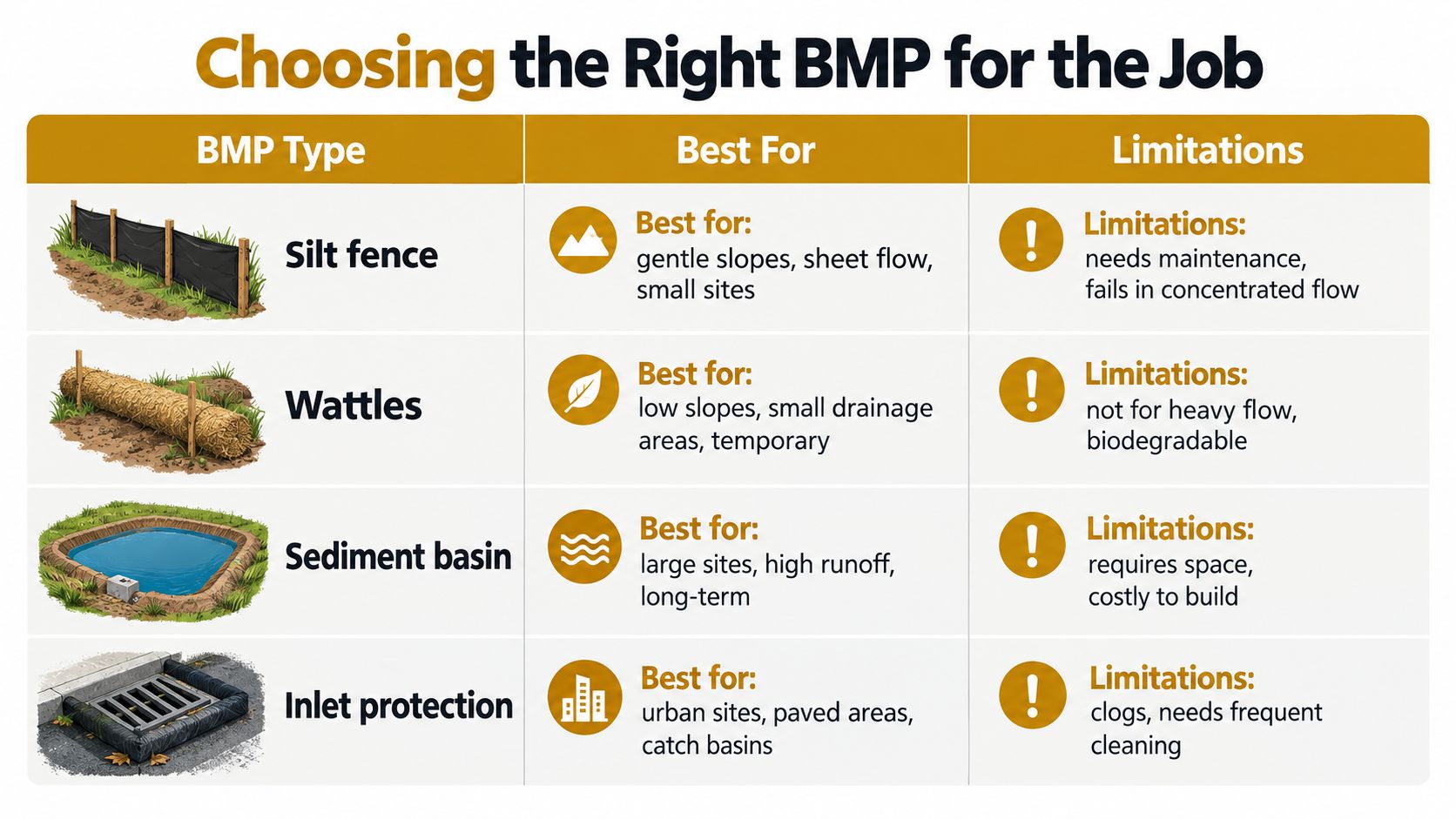 A chart comparing different storm water best management practices including silt fences, wattles, sediment basins, and inlet protection.